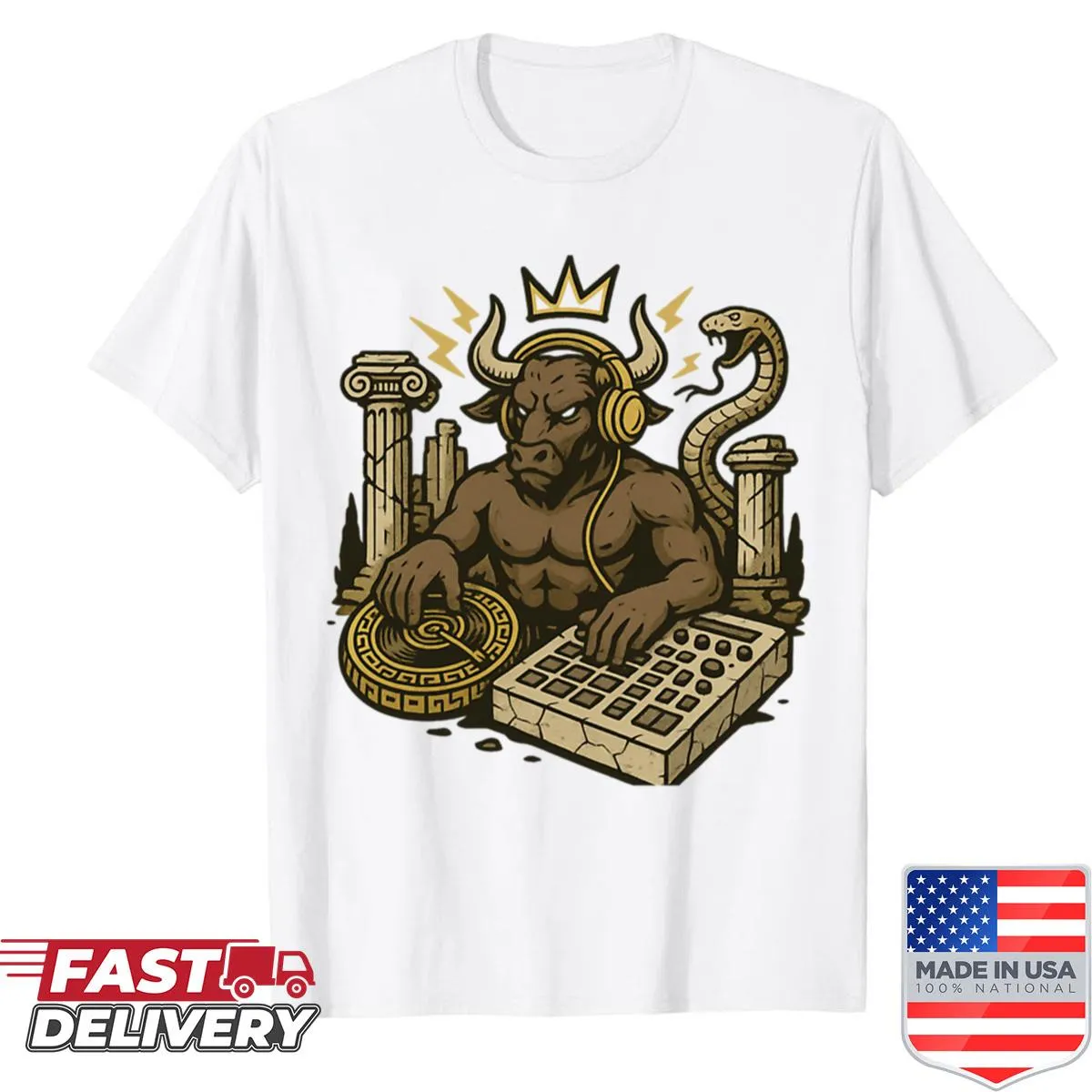 Illustration of DJ Minotaur with headphones on shirt