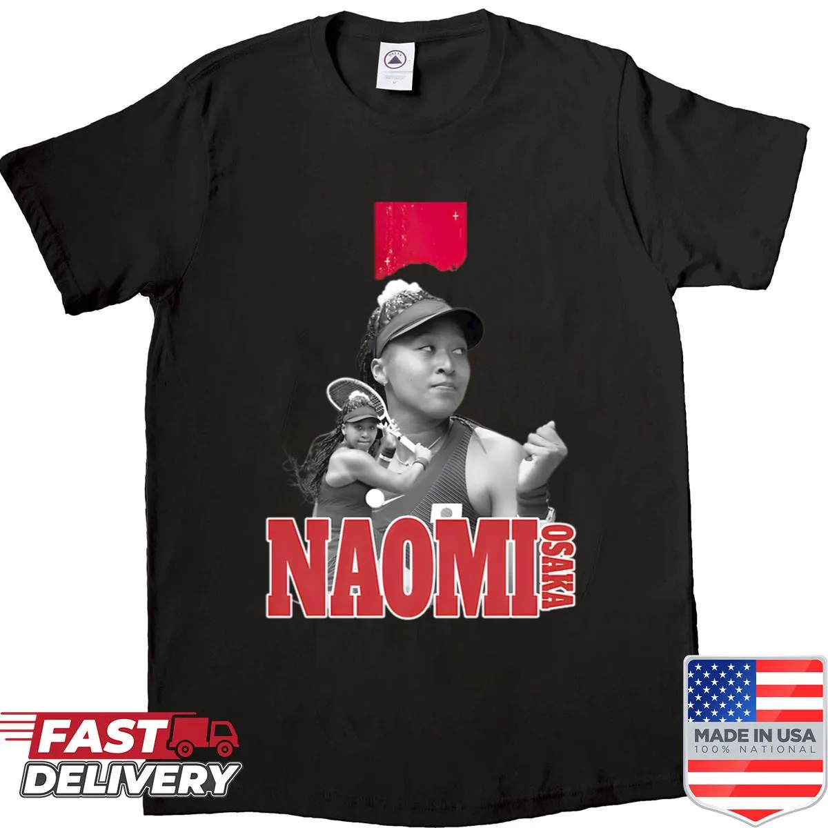 Shirt featuring an action shot of Naomi Osaka playing tennis