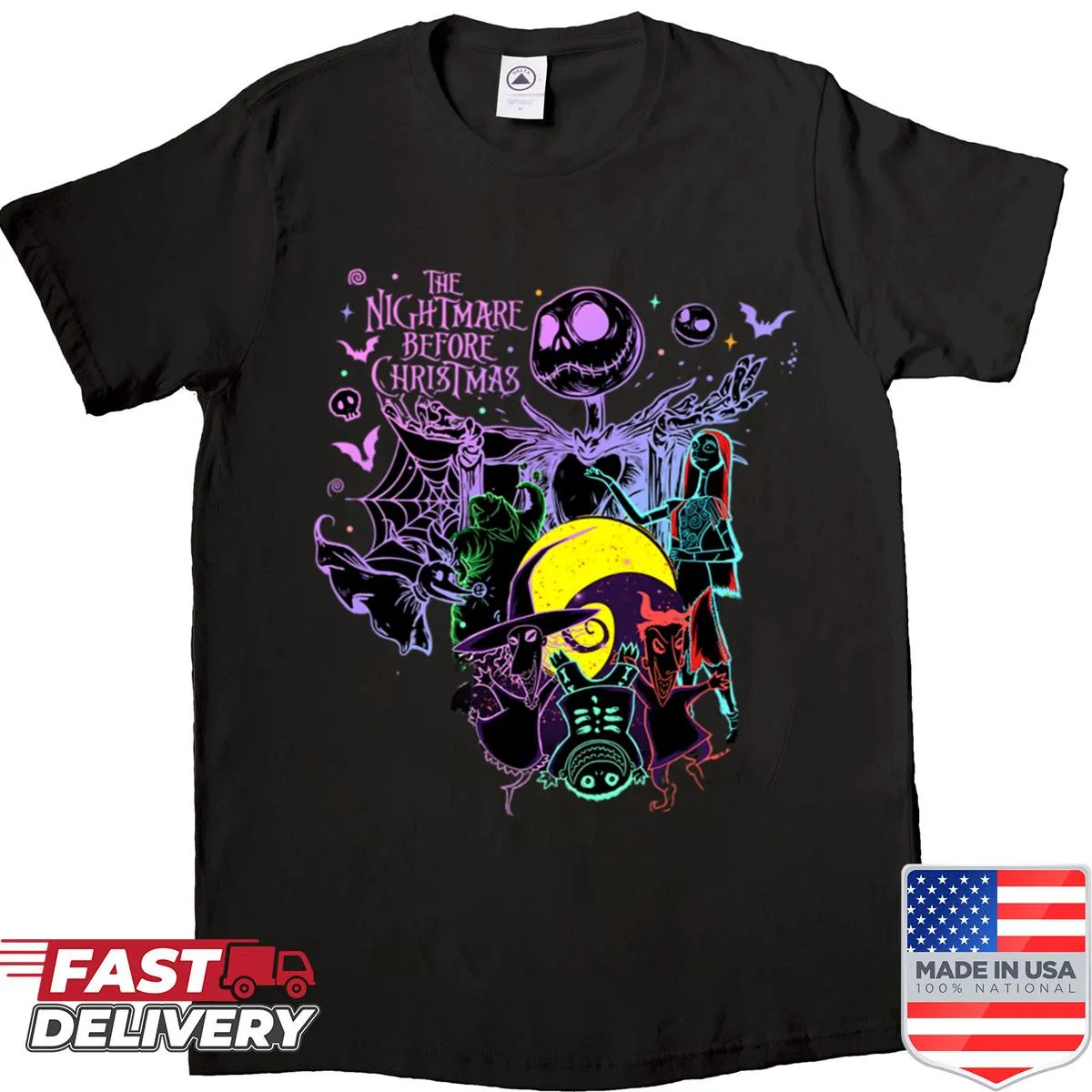 Shirt with neon horror-themed graphic design