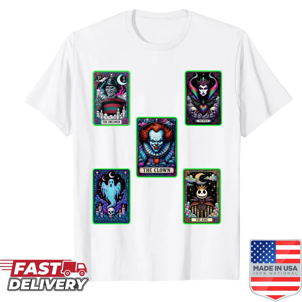 Neon tarot-themed Halloween shirt with playful graphics