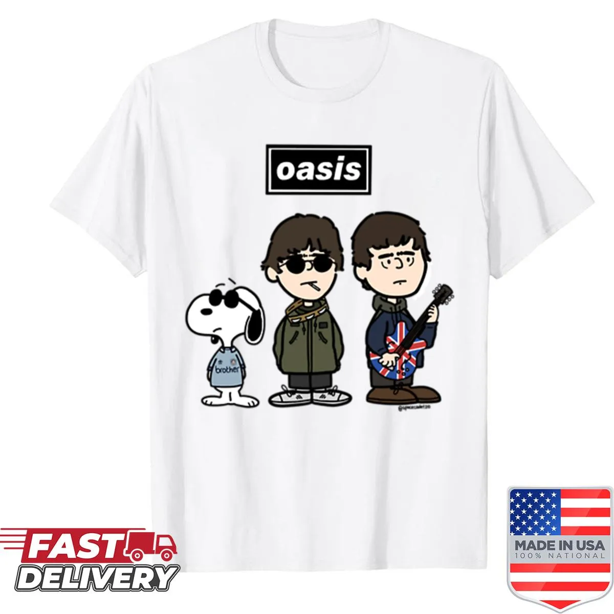 Oasis band and Snoopy cartoon graphic on a shirt