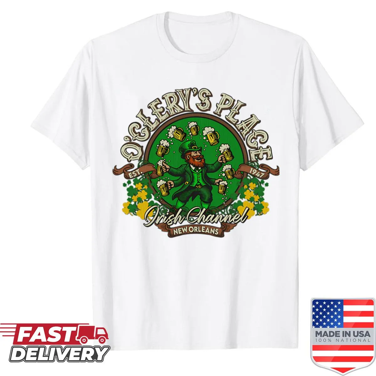 Oclerys Place shirt with illustrations of the Irish Channel in New Orleans