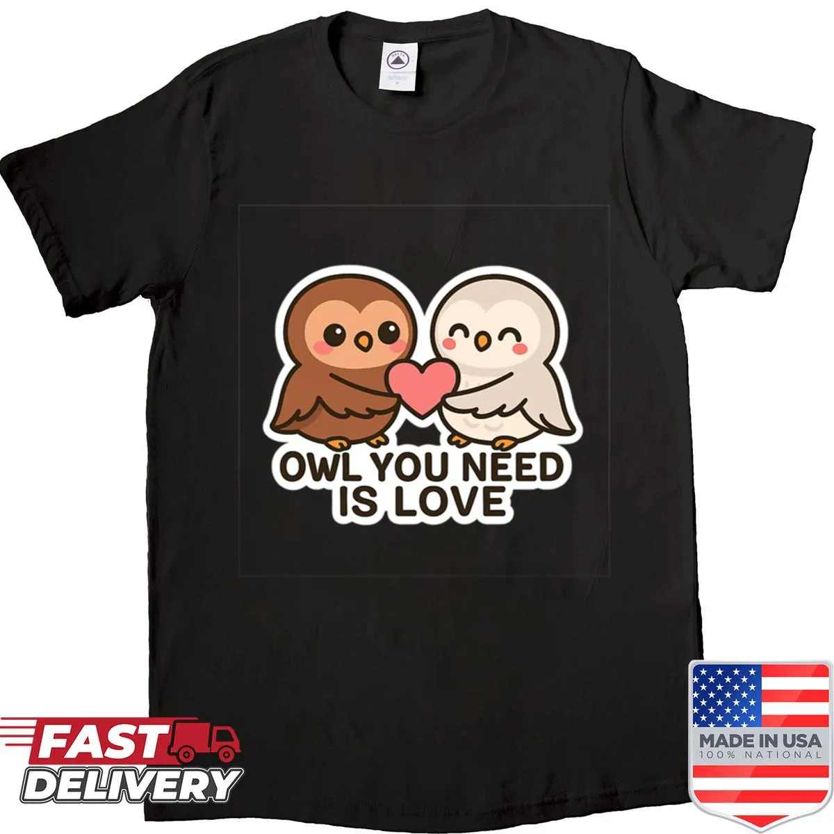 Kawaii couple owls with hearts graphic on shirt