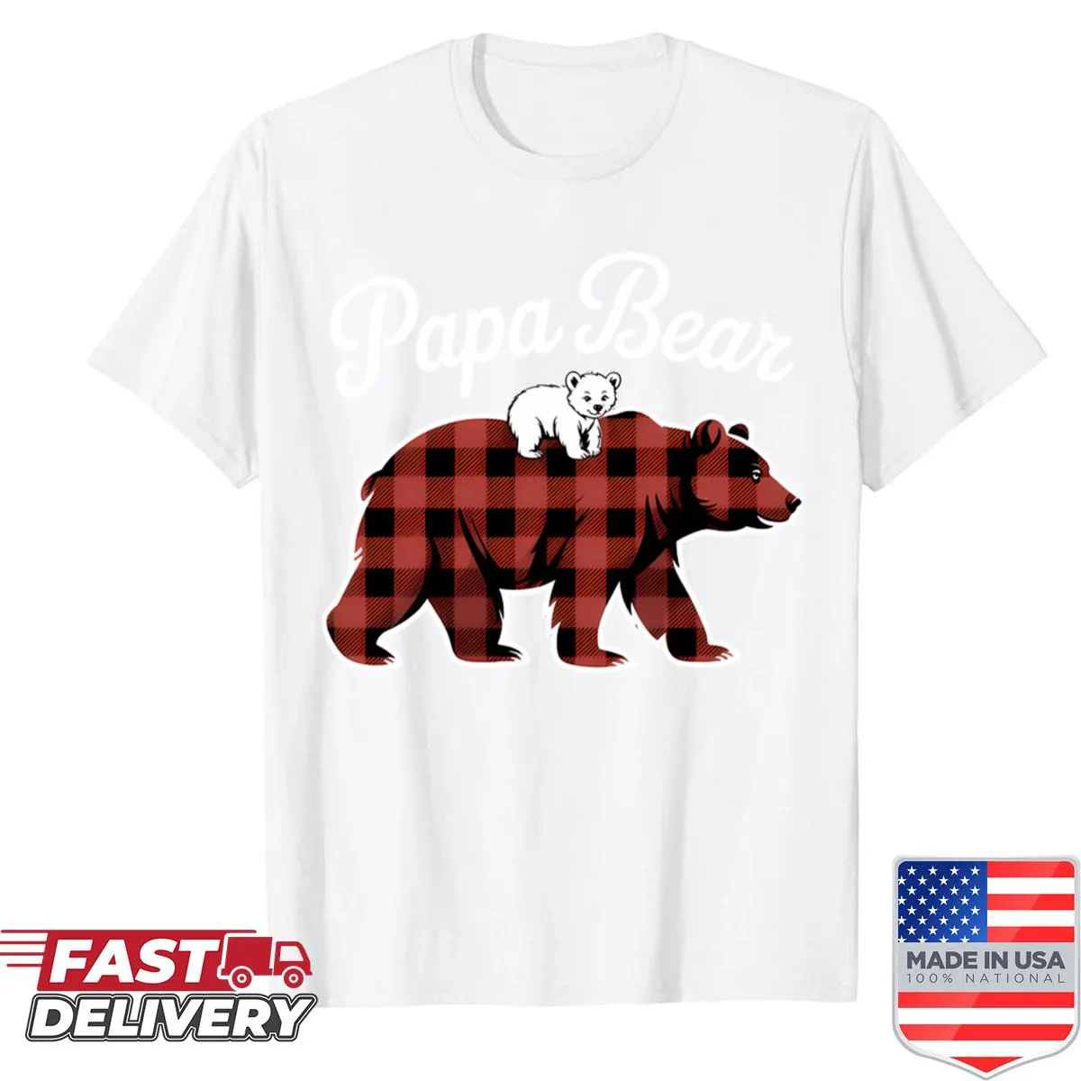 Papa Bear themed flannel shirt with red plaid design