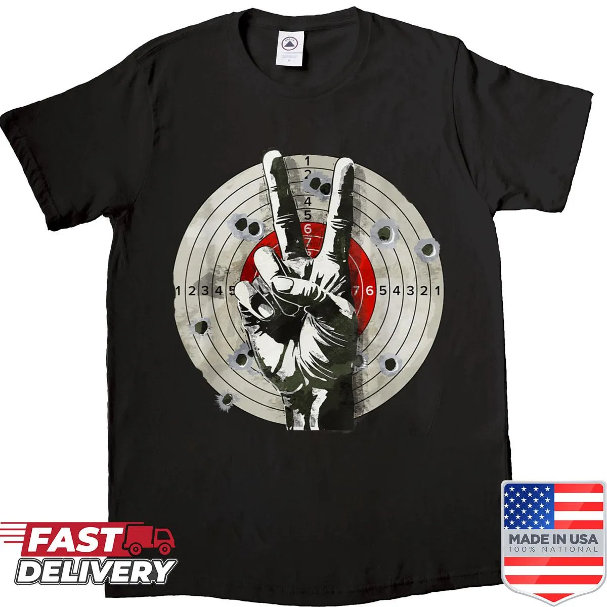 Graphic shirt featuring a peace sign inside a target design