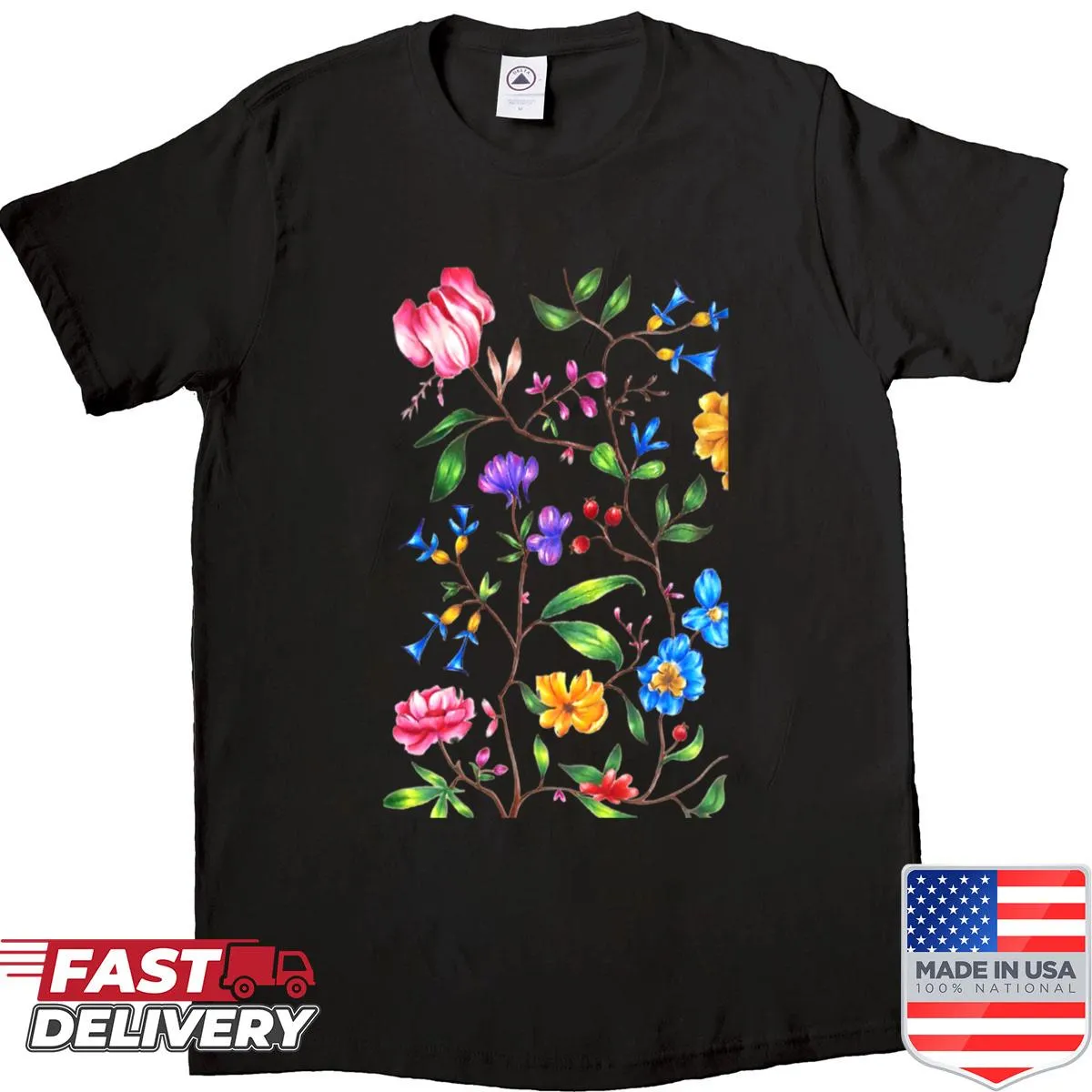 Shirt featuring pencil illustrations of various flowers