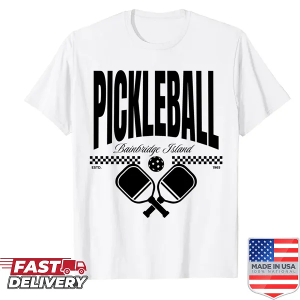 Illustrated shirt celebrating pickleball with Bainbridge Island theme