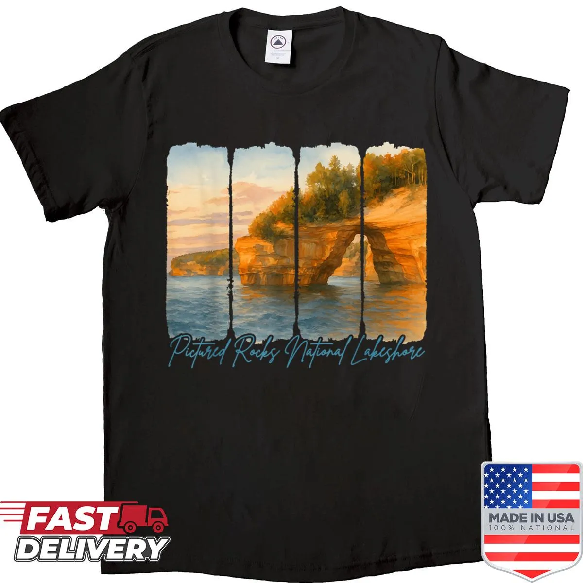 Artistic depiction of Pictured Rocks National Lakeshore on a shirt