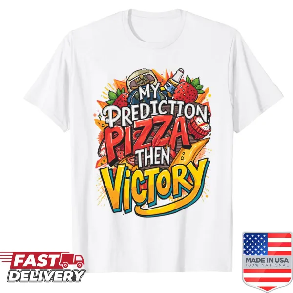 Oversized shirt featuring a cartoon pizza slice and fun victory prediction text