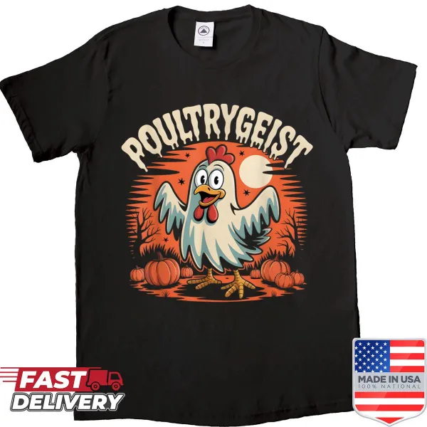 Cartoon chicken ghost and pumpkin for Poultrygeist Halloween shirt