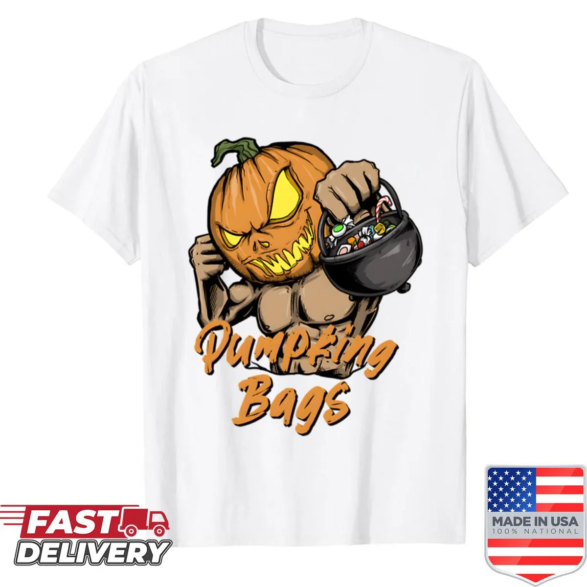 Cartoon pumpkin graphic on workout shirt for Halloween