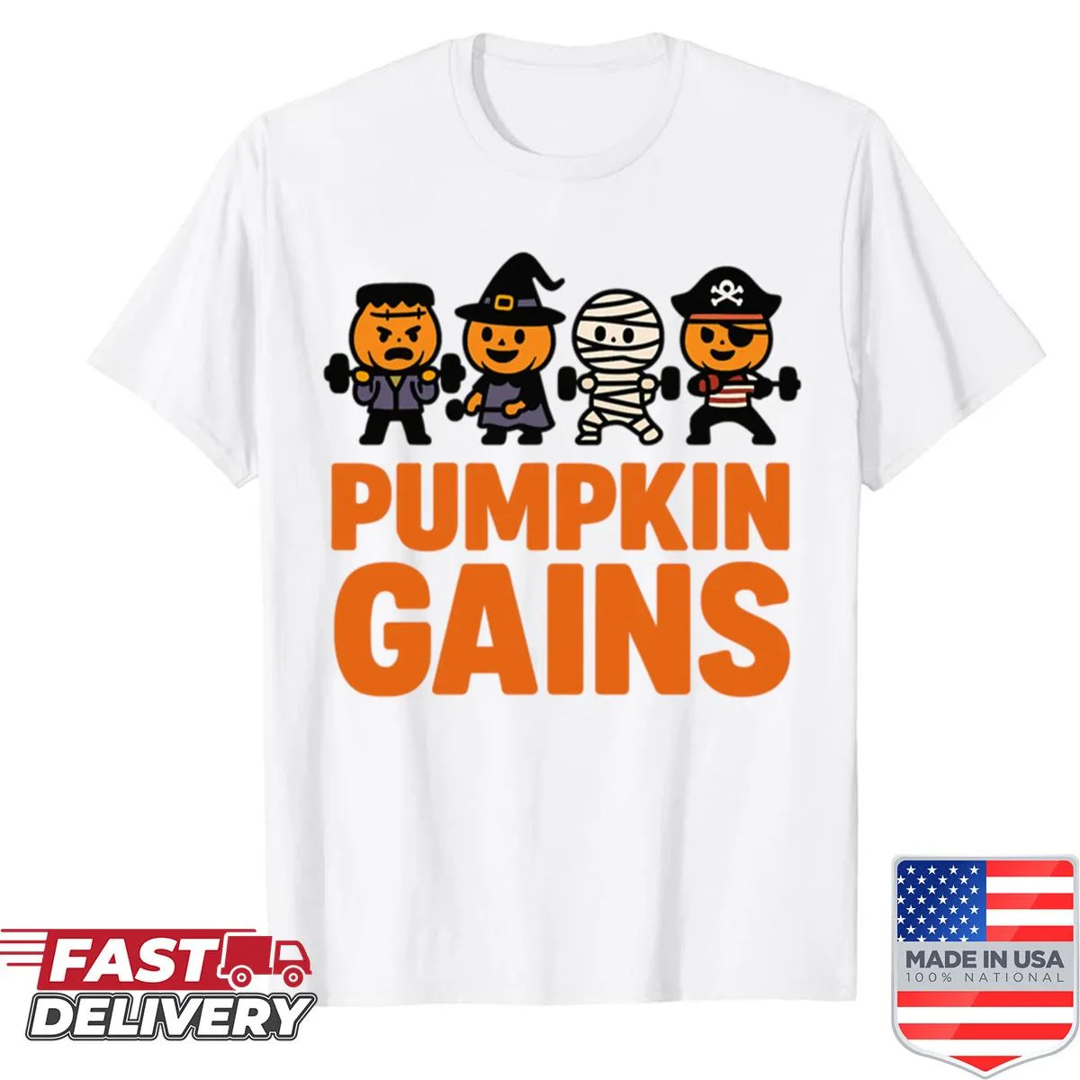 Illustrated pumpkin lifting weights in a Halloween fitness theme