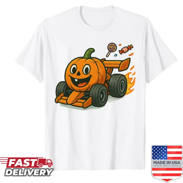 Cartoon race car among pumpkins for a Halloween theme