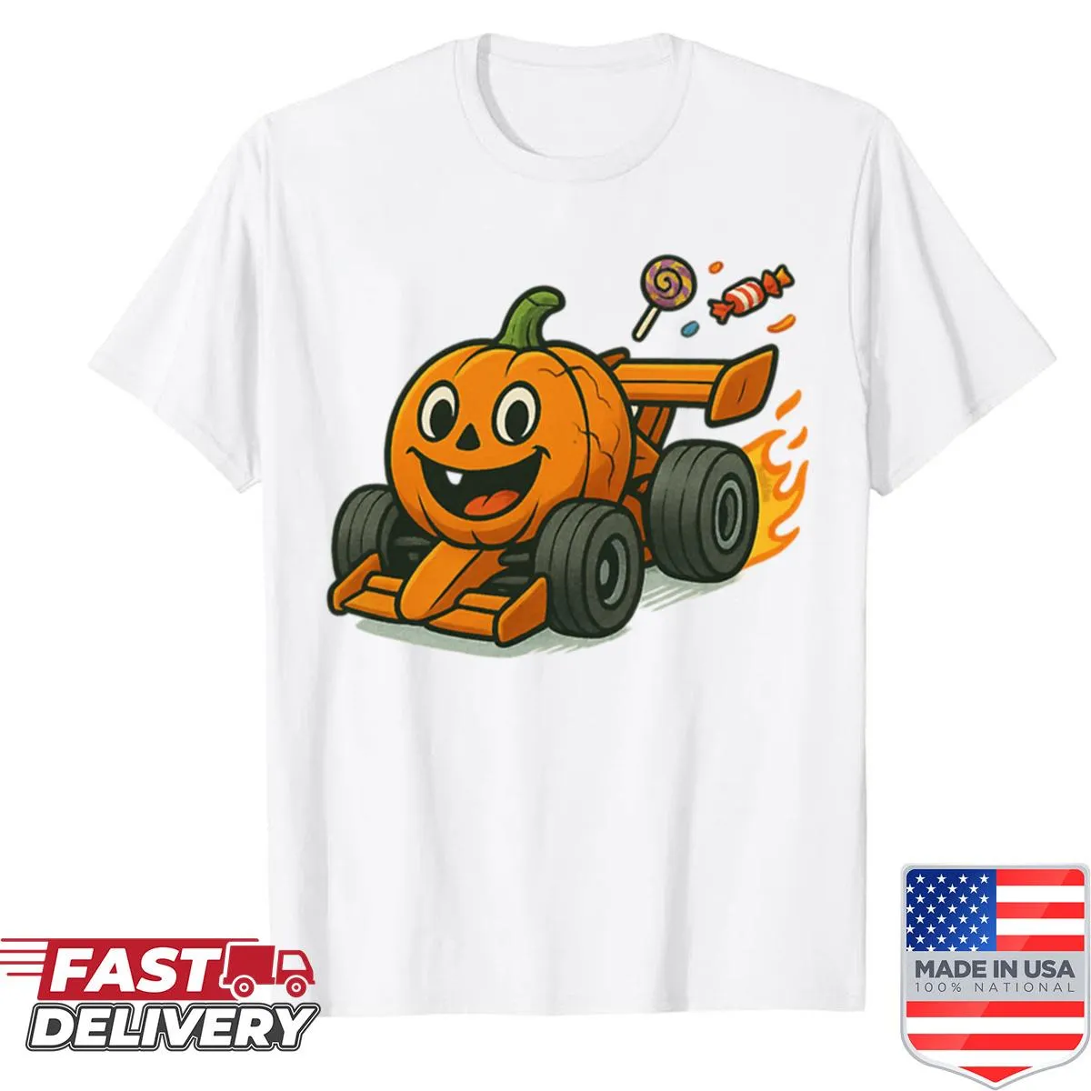 Cartoon race car among pumpkins for a Halloween theme