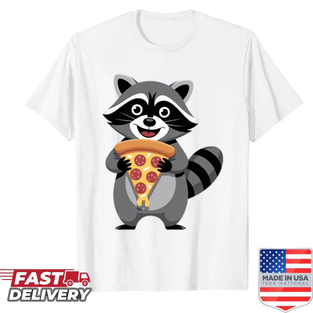 Illustration of a raccoon bandit holding a slice of pizza