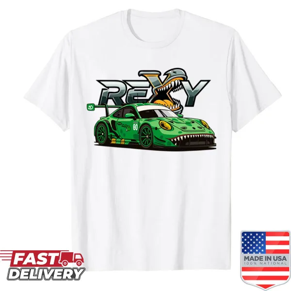 Fun T-rex racing illustration on a kids' T-shirt