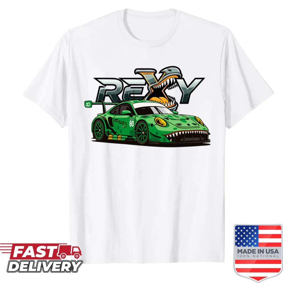Fun T-rex racing illustration on a kids' T-shirt