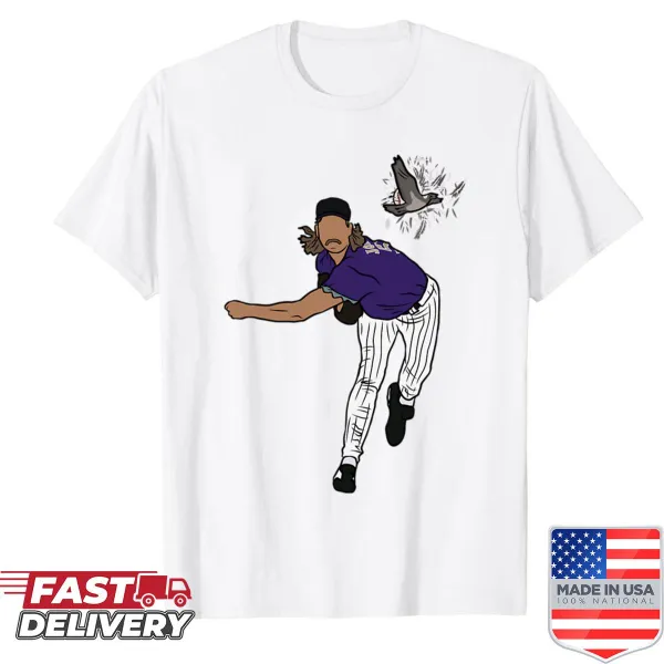 Shirt depicting Randy Johnson hitting a bird while pitching.