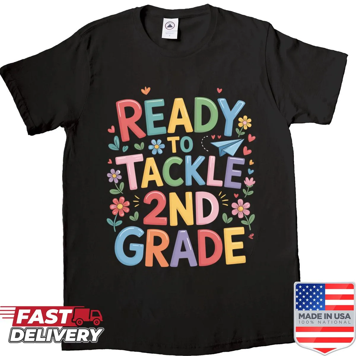 Cheerful T-shirt for teachers with 'Ready To Tackle 2nd Grade' text