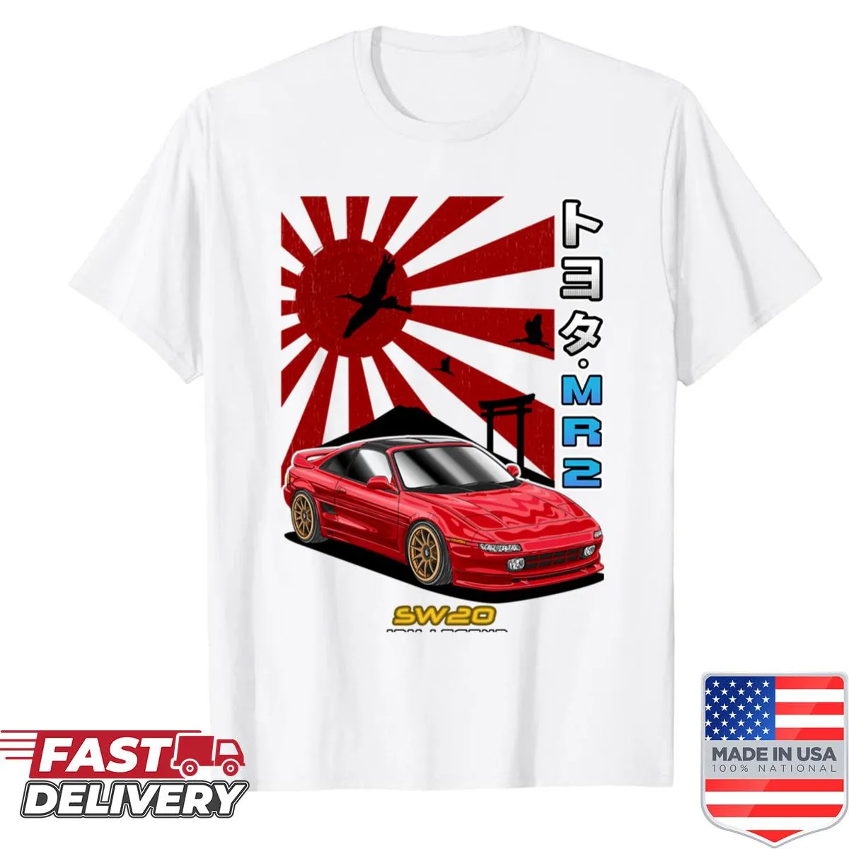 Illustration of a red MR2 with a rising sun and Japanese art elements