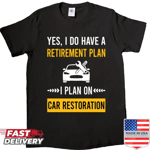Car repair-themed graphic on a retirement plan shirt