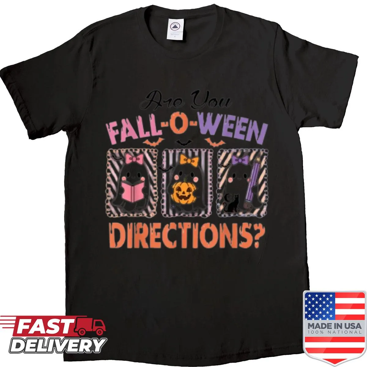 Funny retro ghost graphic with 'Fall O Ween Directions Teacher' text