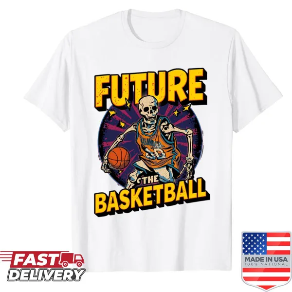 Oversized shirt with skeleton dribbling a basketball in retro style.