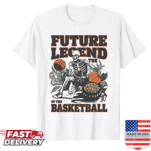 Skeleton playing basketball in a retro style graphic