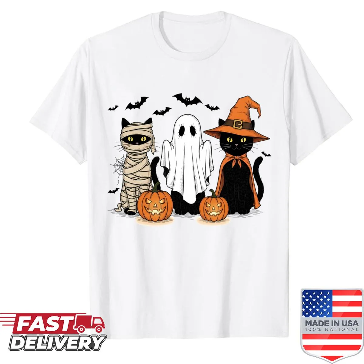 Vintage Halloween shirt with a black cat witch and pumpkin design