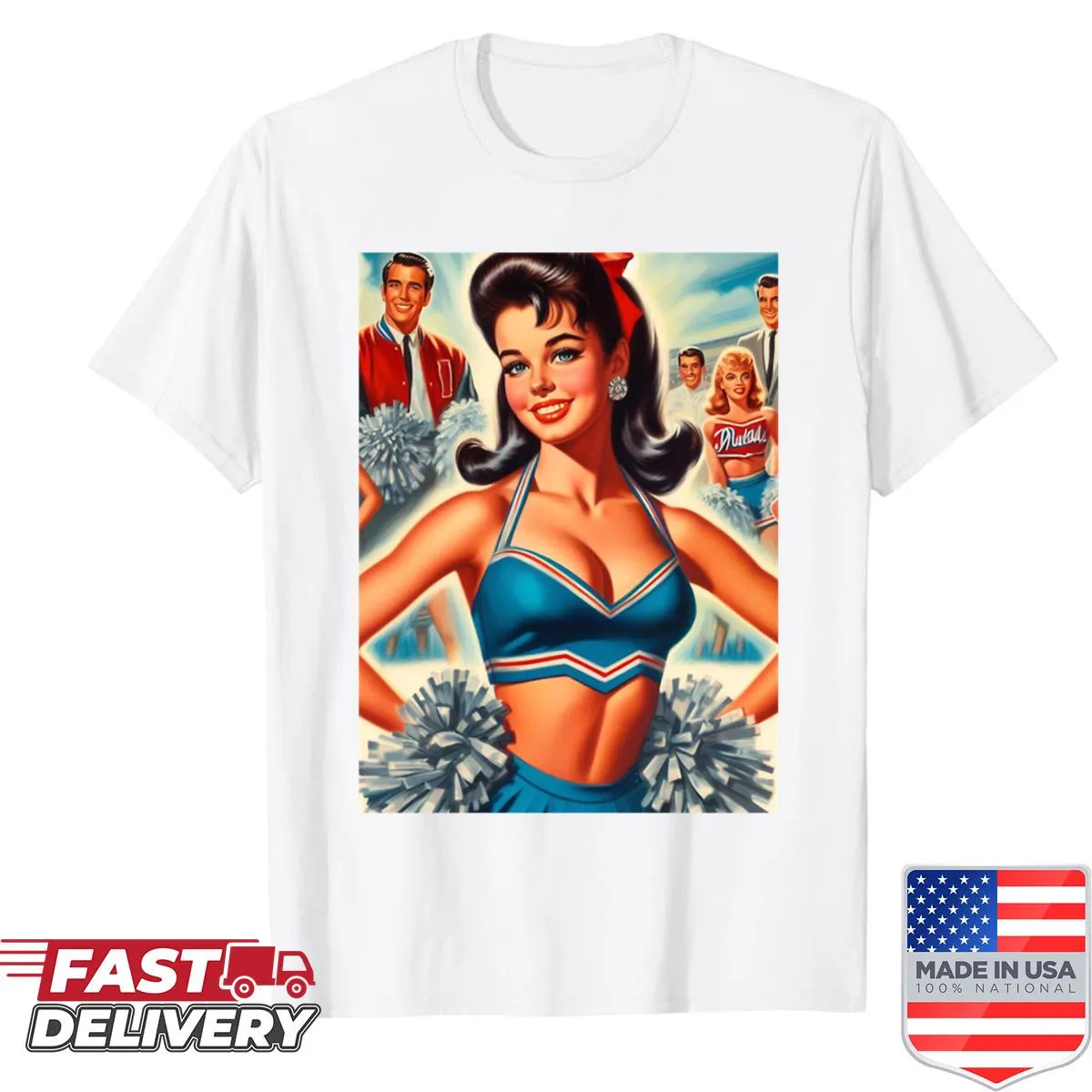 Retro cheerleader shirt featuring classic cheerleading elements