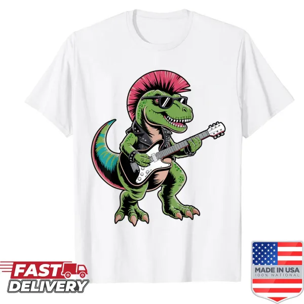 Retro dinosaur playing guitar graphic on T-shirt