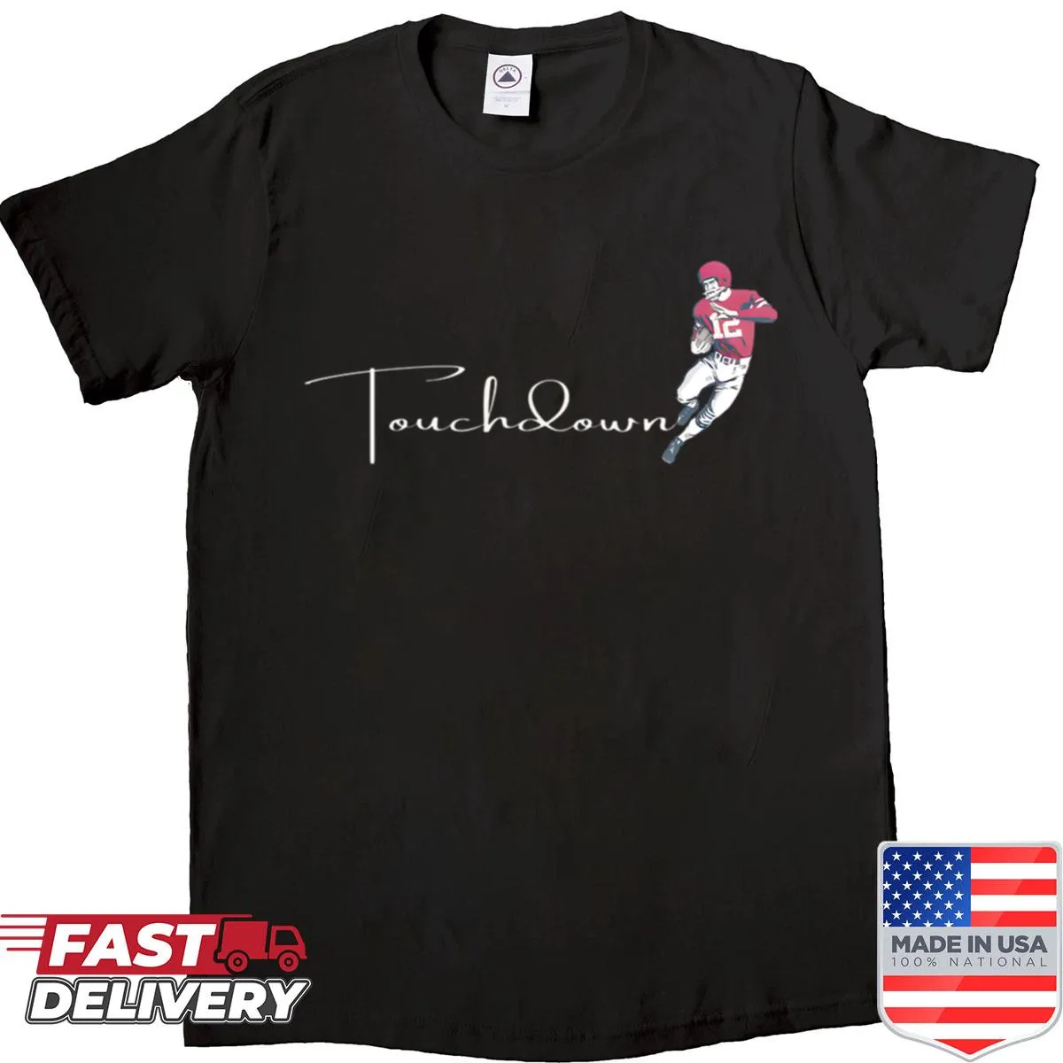 Retro football player scoring a touchdown graphic on oversized shirt