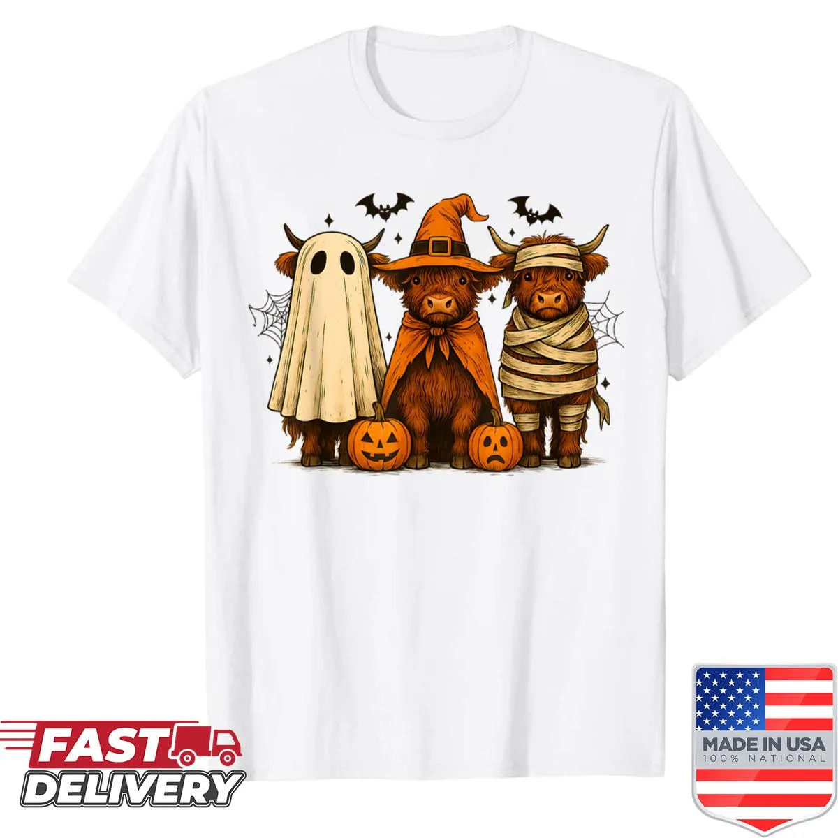 Cartoon highland cow dressed as a witch on a Halloween shirt