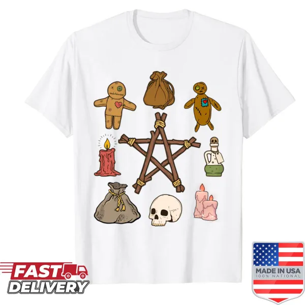 Shirt featuring a voodoo doll design with gothic horror motifs.