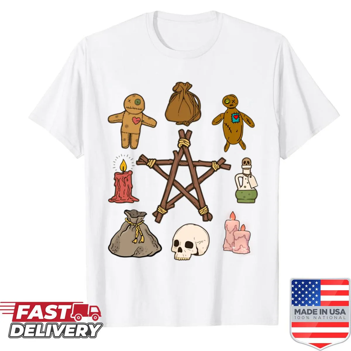 Shirt featuring a voodoo doll design with gothic horror motifs.