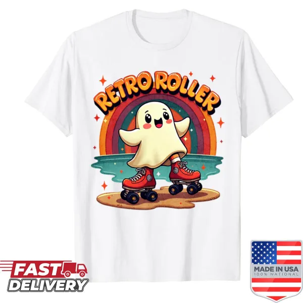 Cartoon ghost on roller skates with rainbow graphic