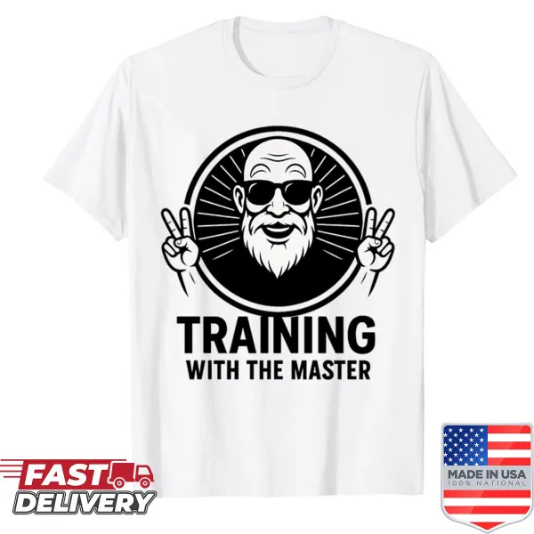Retro gym badge logo with a wise old monk on an oversized shirt.