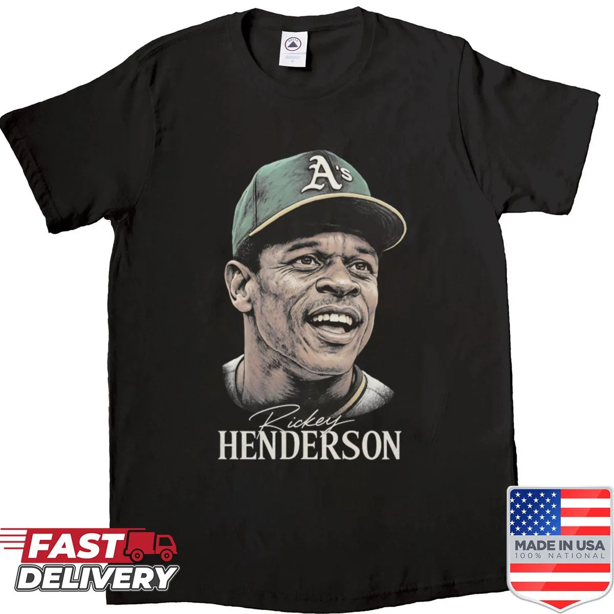 Portrait of Rickey Henderson on an Oakland A's shirt