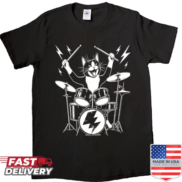 Cat drummer shirt featuring a playful illustration of a cat playing drums