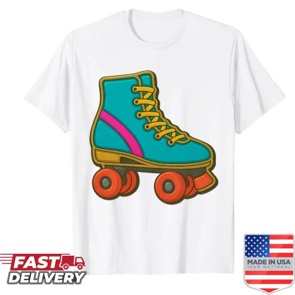 Shirt featuring an enamel pin design of roller skates