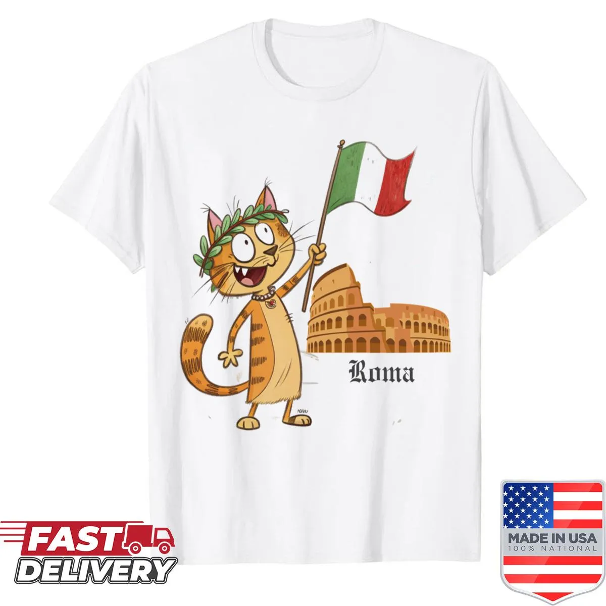 Illustrated cat with Italian flag on a travel souvenir shirt