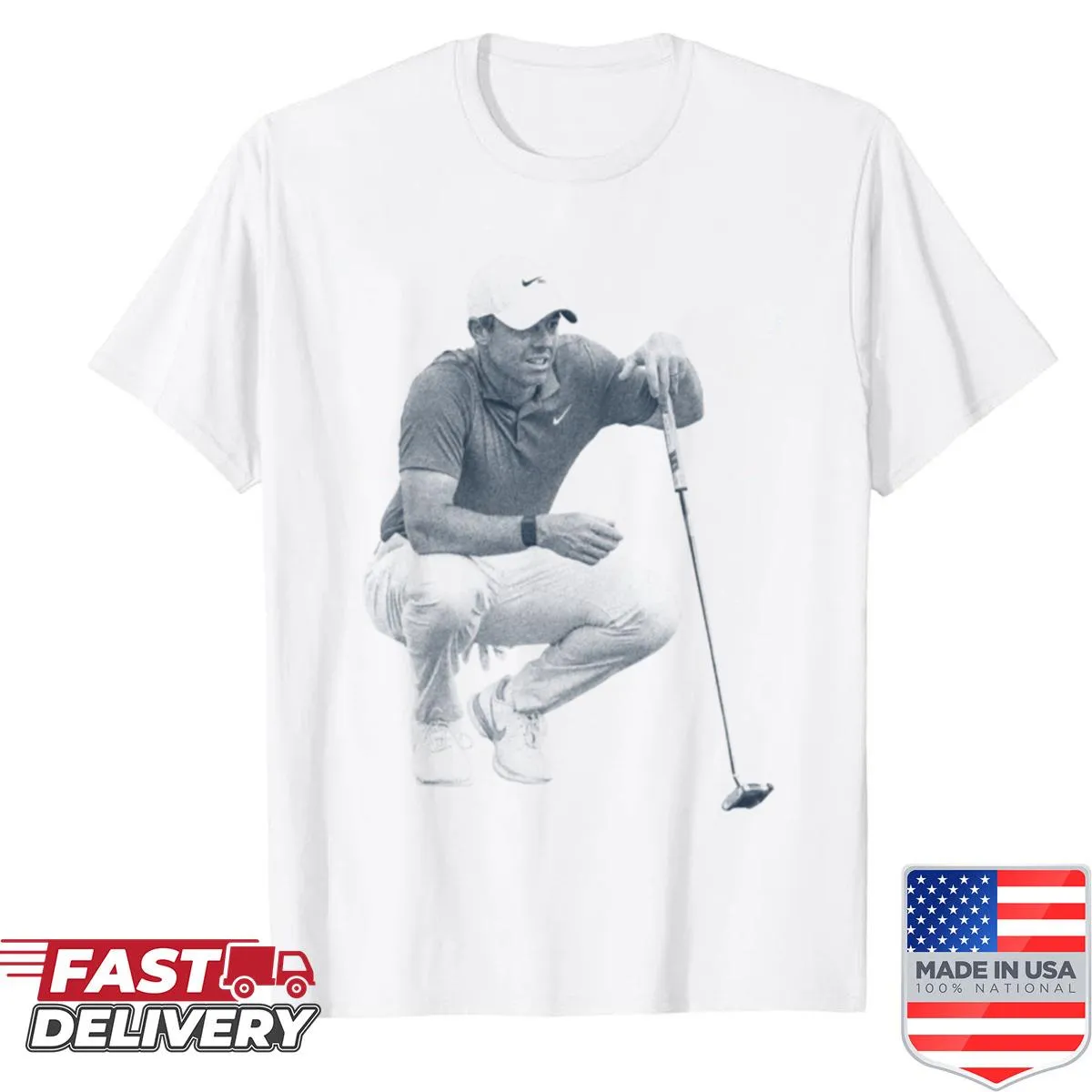 Celebratory graphic tee featuring Rory McIlroy and golf elements