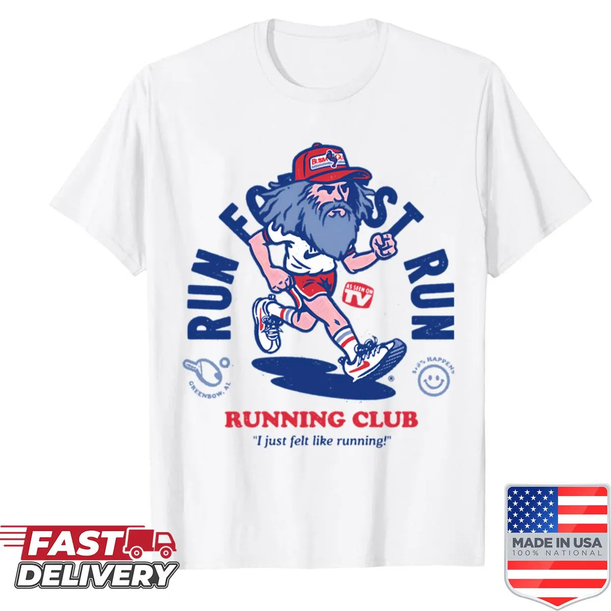 Oversized shirt promoting running club culture with bold text