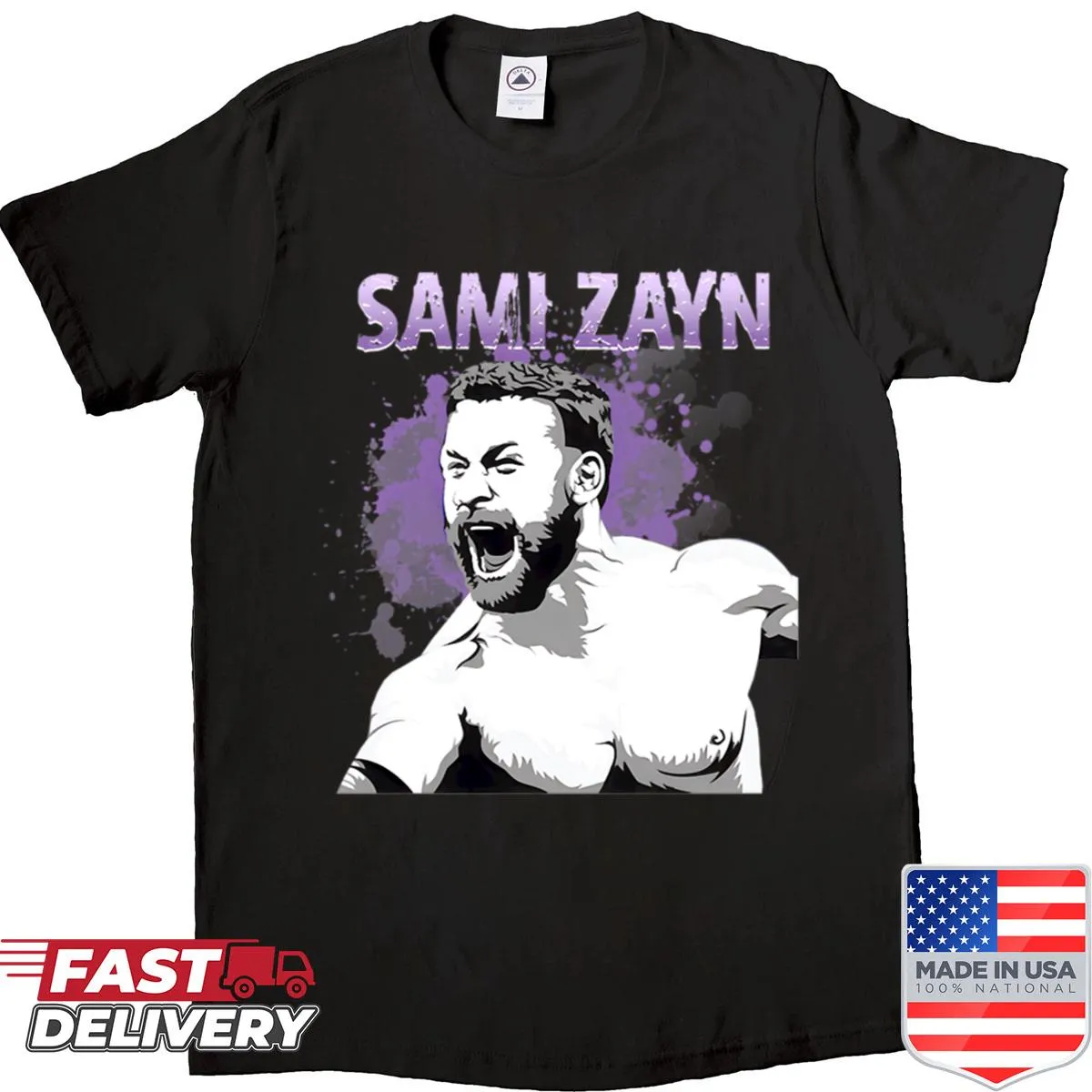 Dynamic wrestling action graphic featuring Sami Zayn on a shirt