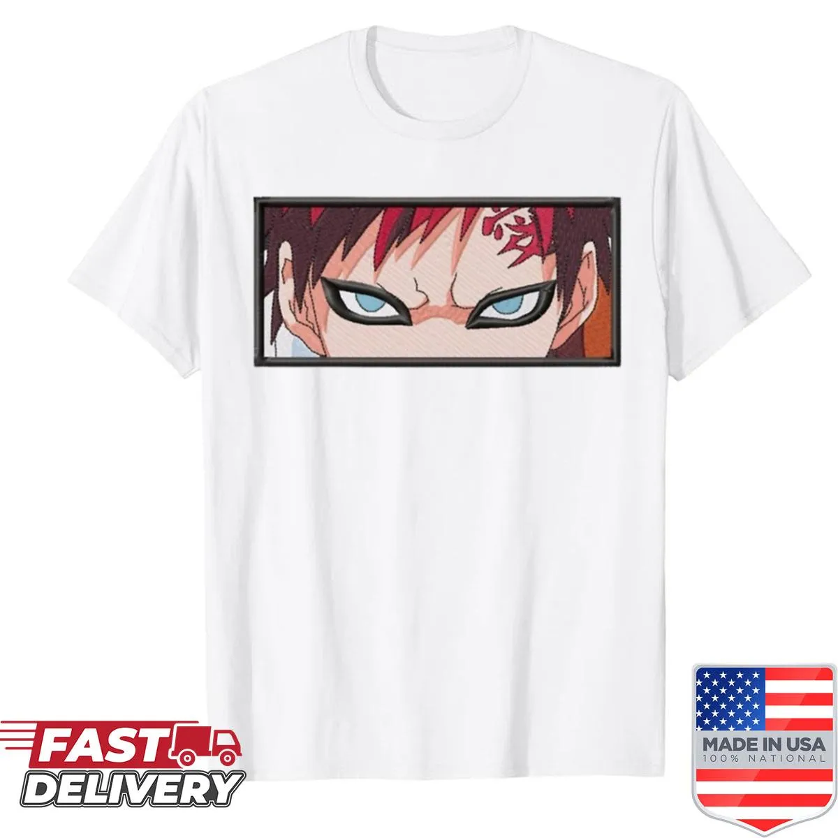 Whimsical design of ninja eyes peeking from sand on a kid's shirt