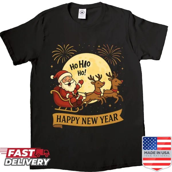 Santa in a sleigh under a full moon with fireworks design