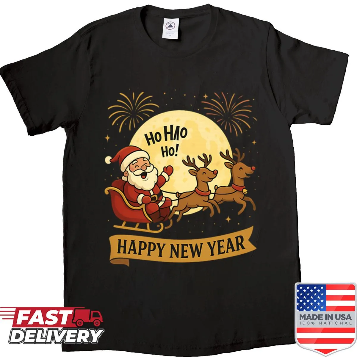 Santa in a sleigh under a full moon with fireworks design