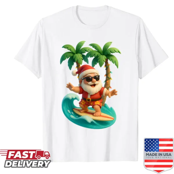 Retro-style T-shirt featuring Santa Claus surfing a wave for Christmas