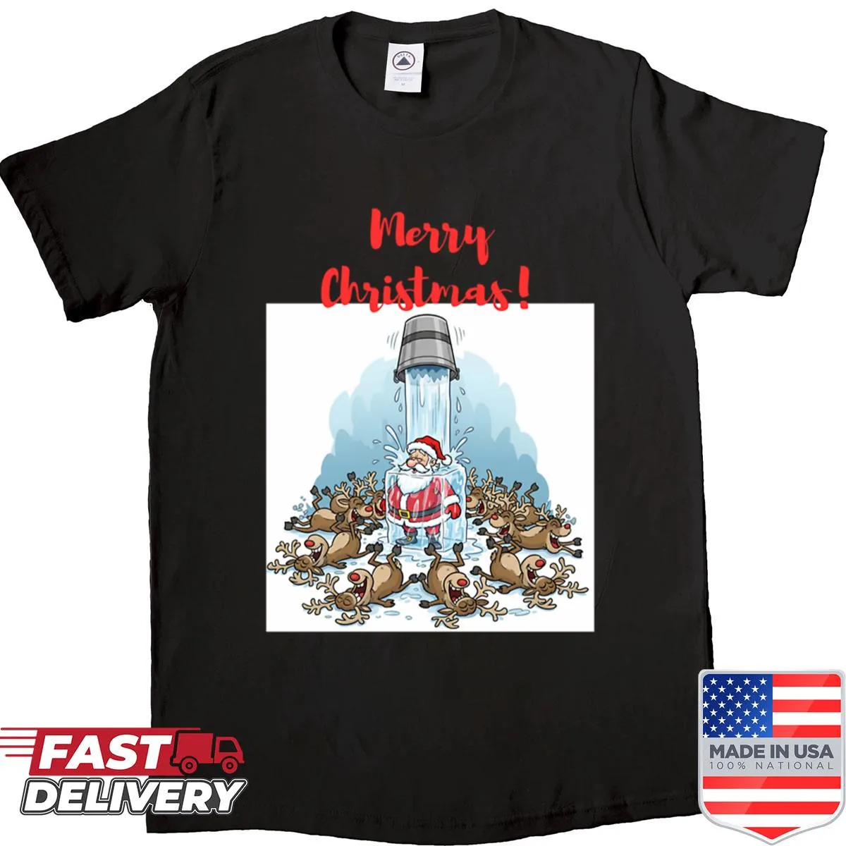Illustration of Santa with an ice bucket on a shirt