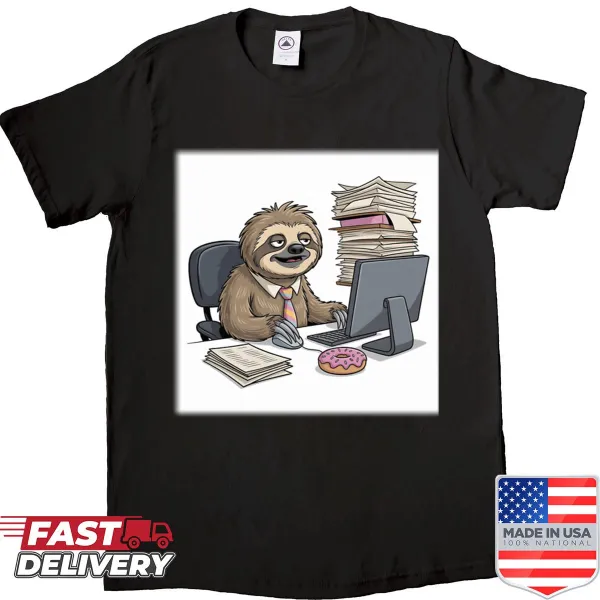 Sarcastic design featuring a sloth at an office desk.